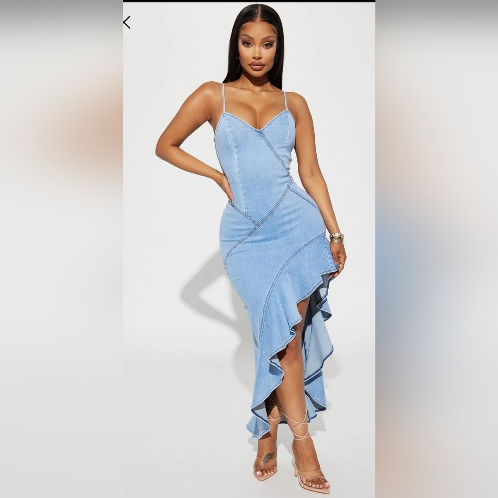 Fashion Nova Light Blue High Low Denim Dress S